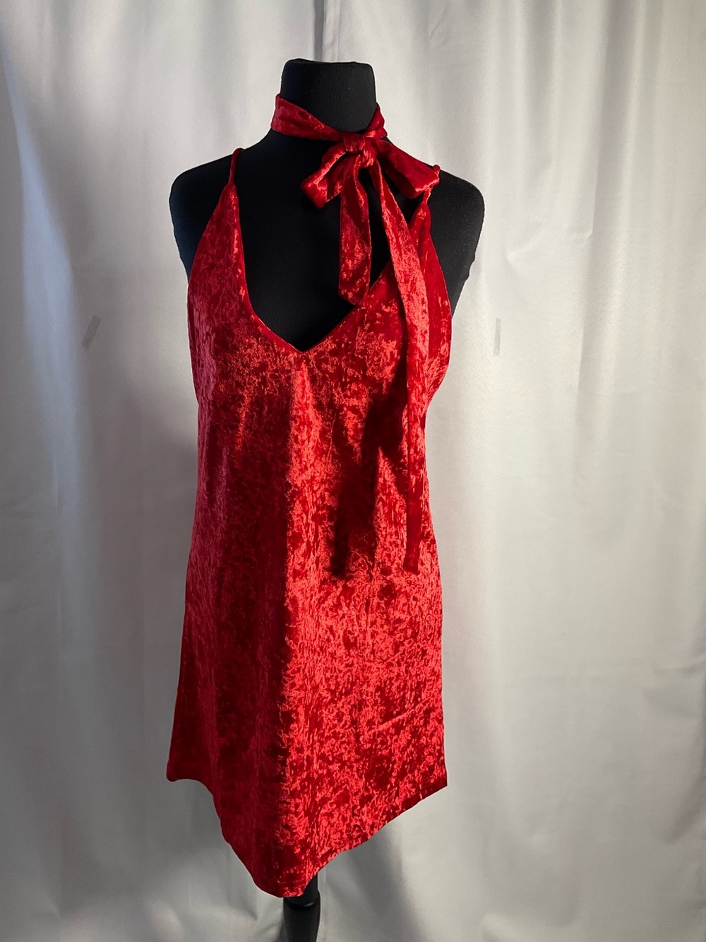 Crushed Velvet Red Halter Tie-Neck Tunic